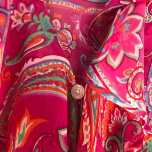 CHAPS Ralph Lauren Sheer Paisley Print Ruffle Flutter Sleeves Button Blouse 8 - Picture 9 of 16